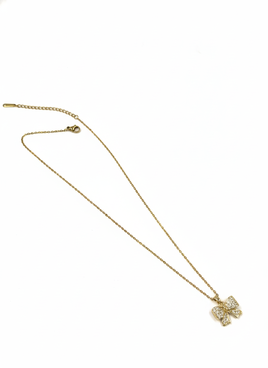 Gold Bow Necklace – Stainless Steel with Crystals | MODA Accessories