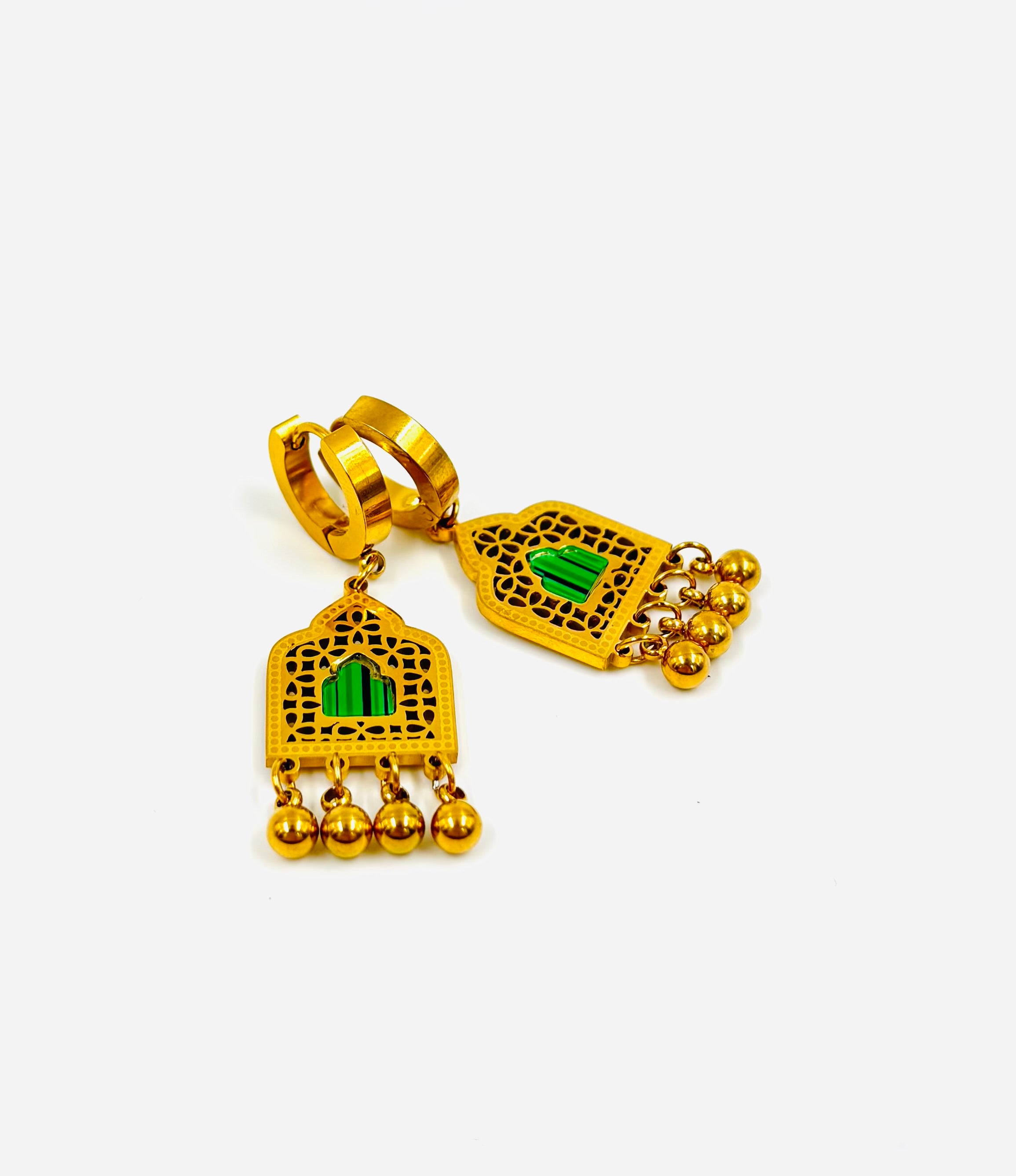 Goldene und grüne arabische Ohrhänger mit Fenstermotiv – Edelstahl | MODA Accessories