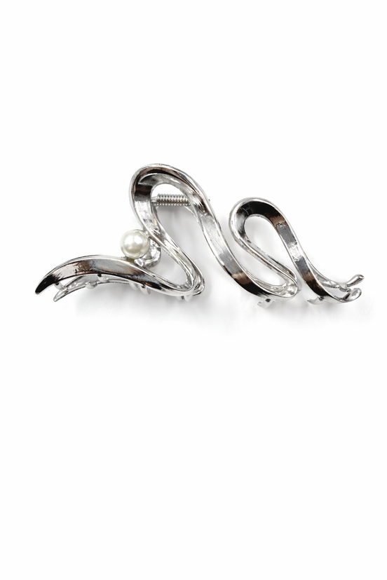 Silver Sculptural Hair Clip with Pearl Detail