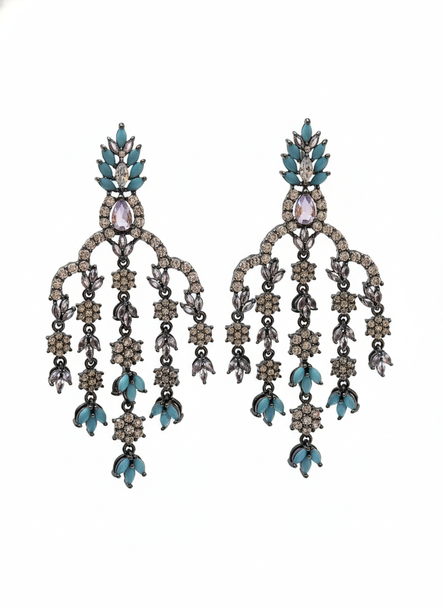 Antique Black & Turquoise Chandelier Earrings – Vintage Crystal Drop Earrings for Women