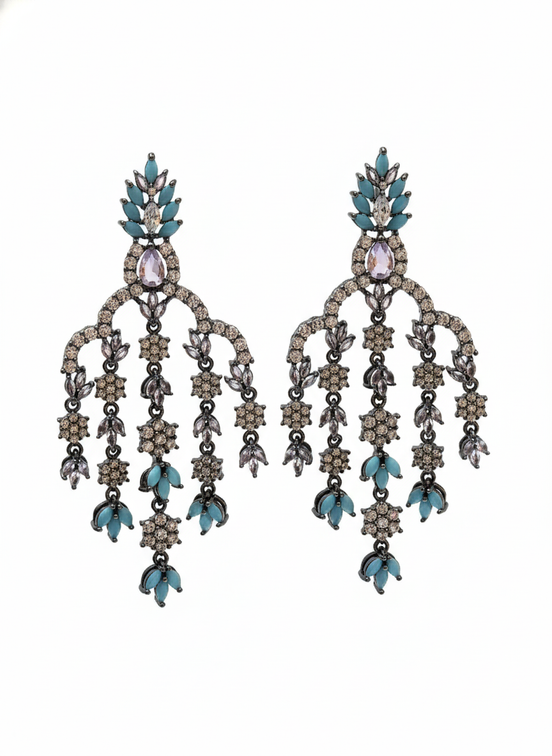 Antique Black & Turquoise Chandelier Earrings – Vintage Crystal Drop Earrings for Women