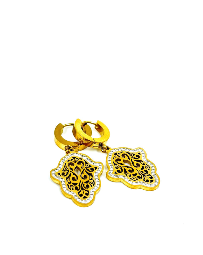 Gold Filigree Hamsa Drop Earrings – Stainless Steel | MODA Accessories