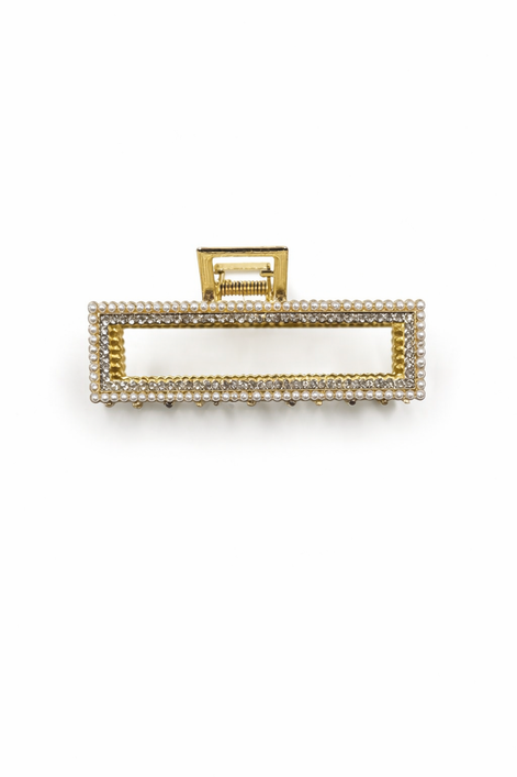 İncili ve Kristal Çerçeveli Altın Rengi Dikdörtgen Saç Tokası