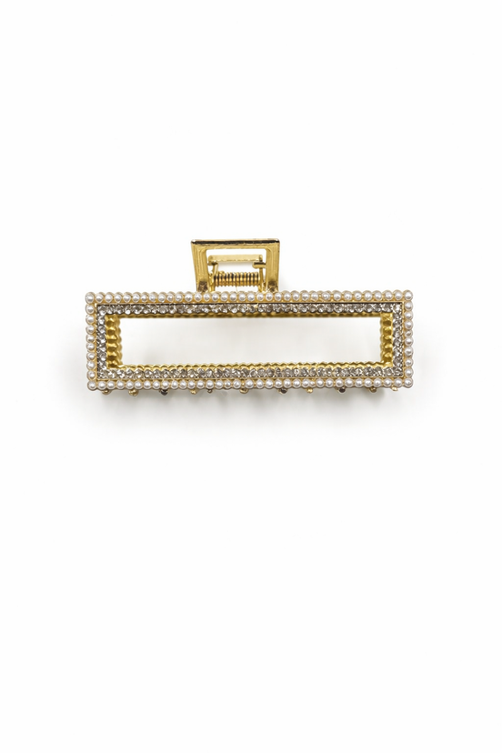 Gold Rectangular Hair Clip with Pearl & Crystal Frame