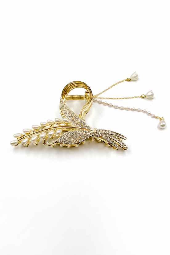 Gold Crystal Leaf Pearl Hair Claw Clip