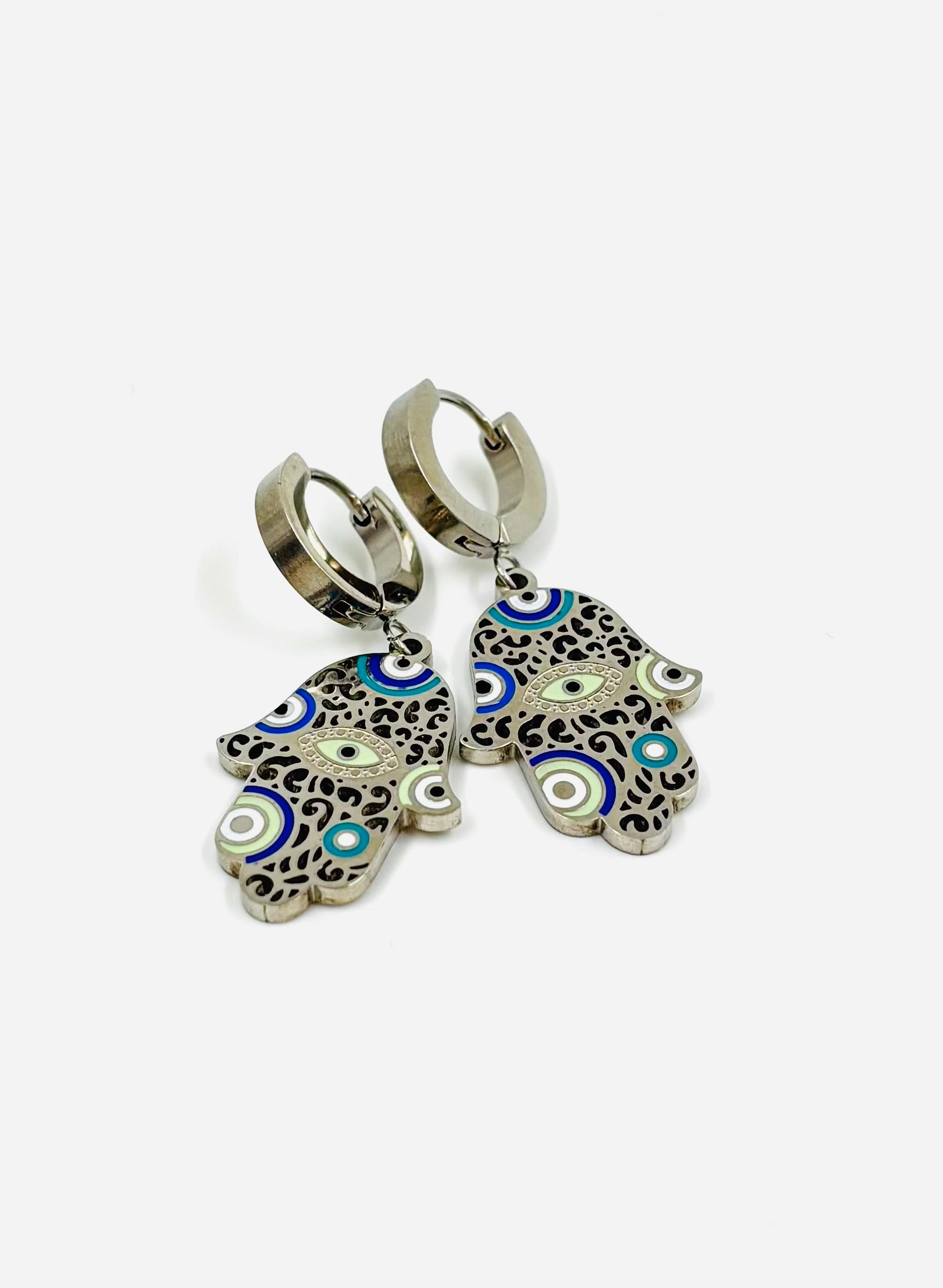 Silver Hamsa Evil Eye Drop Earrings – Stainless Steel | MODA Accessories