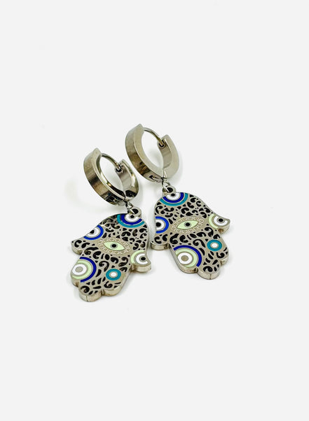 Silver Hamsa Evil Eye Drop Earrings – Stainless Steel | MODA Accessories