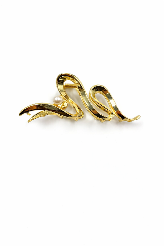 Gold Sculptural Hair Clip with Pearl Accent