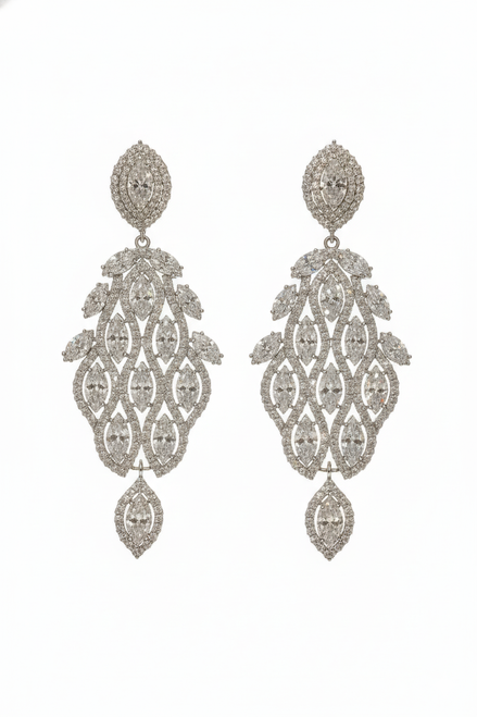 Luxury Crystal Leaf Drop Earrings – Elegant Statement Silver Dangle Earrings for Women