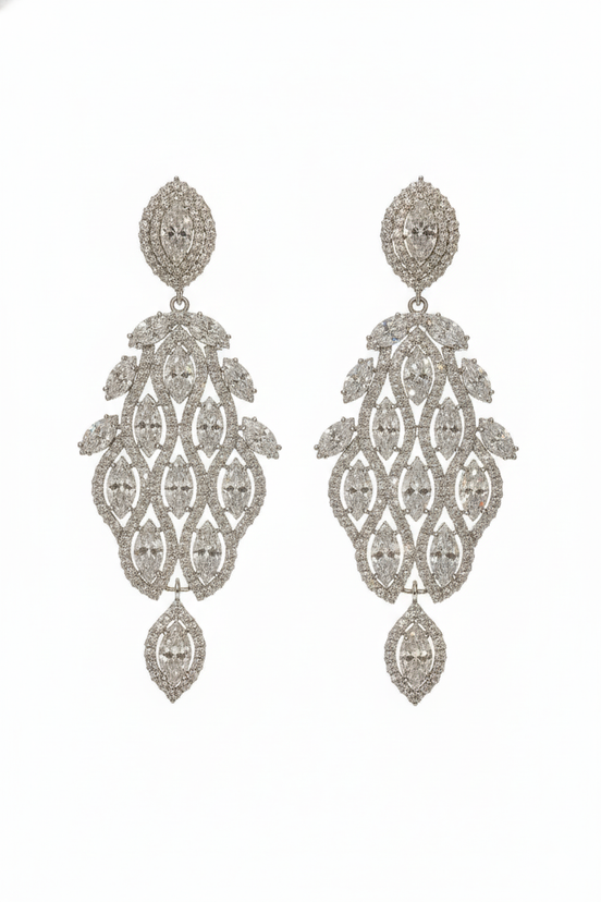 Luxury Crystal Leaf Drop Earrings – Elegant Statement Silver Dangle Earrings for Women