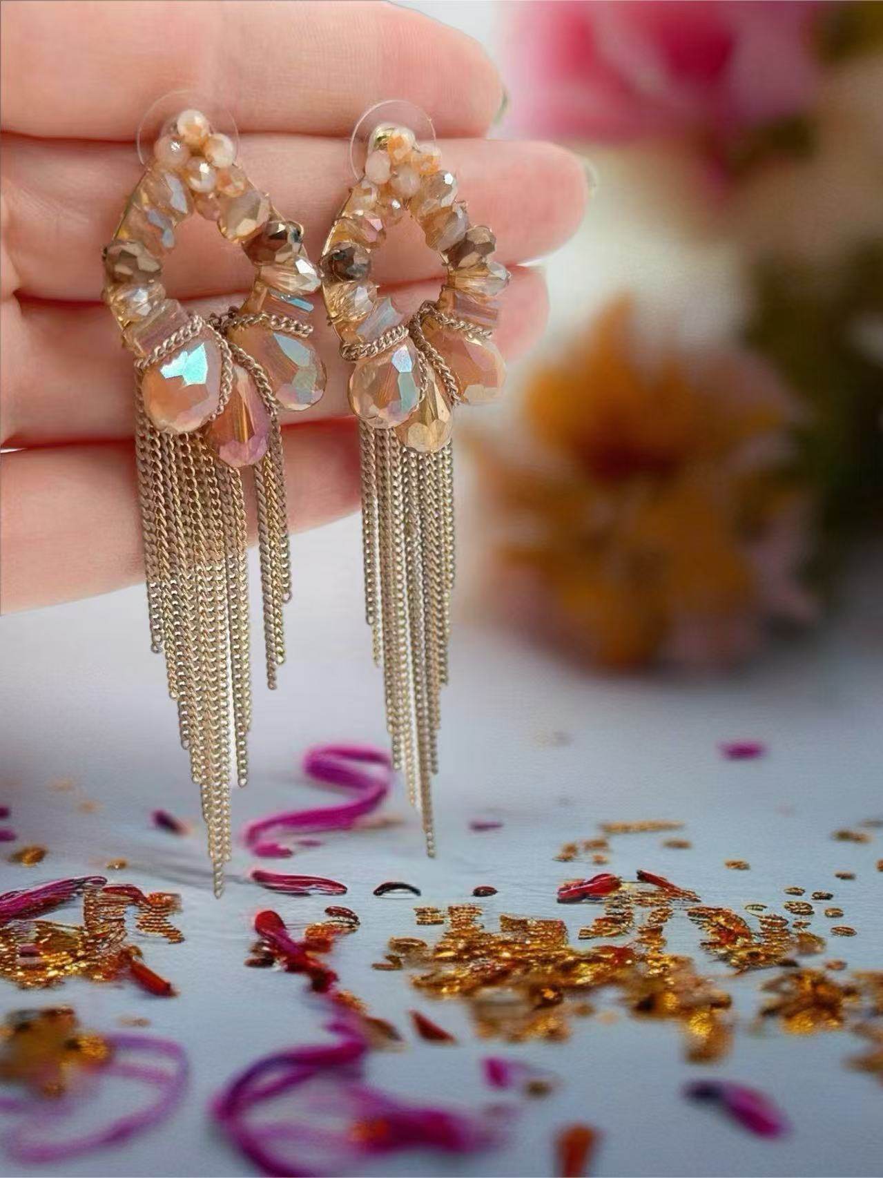 Elegant Gold-Toned Flower Earrings with Chain Tassels - MODA ACCESSORIES
