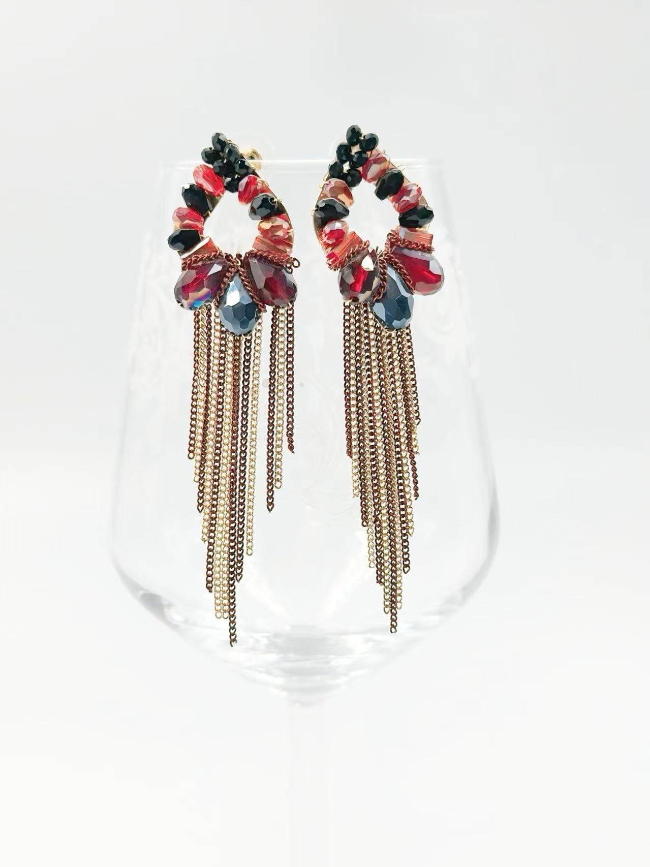 Crimson Flame Hoop Earrings with Golden Fringe - MODA ACCESSORIES