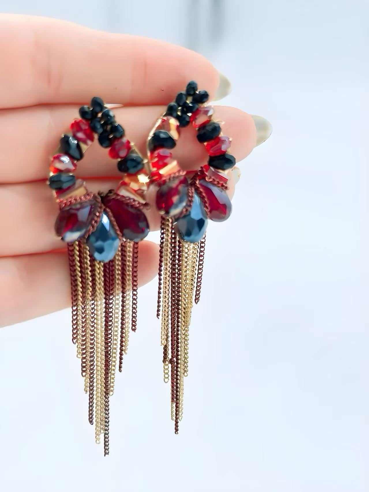 Red & Black Crystal Tassel Statement Earrings