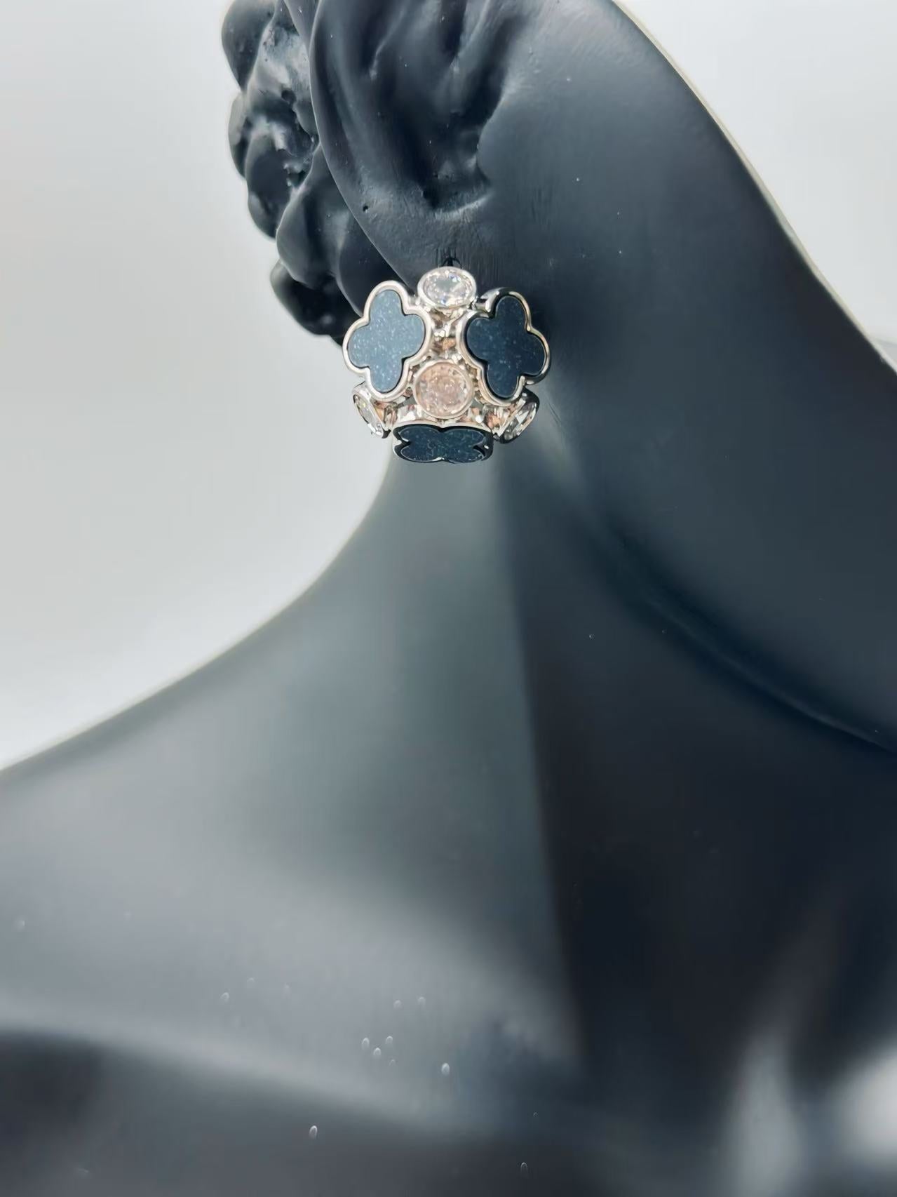 Silver Clover and Crystal Earrings with Black Enamel