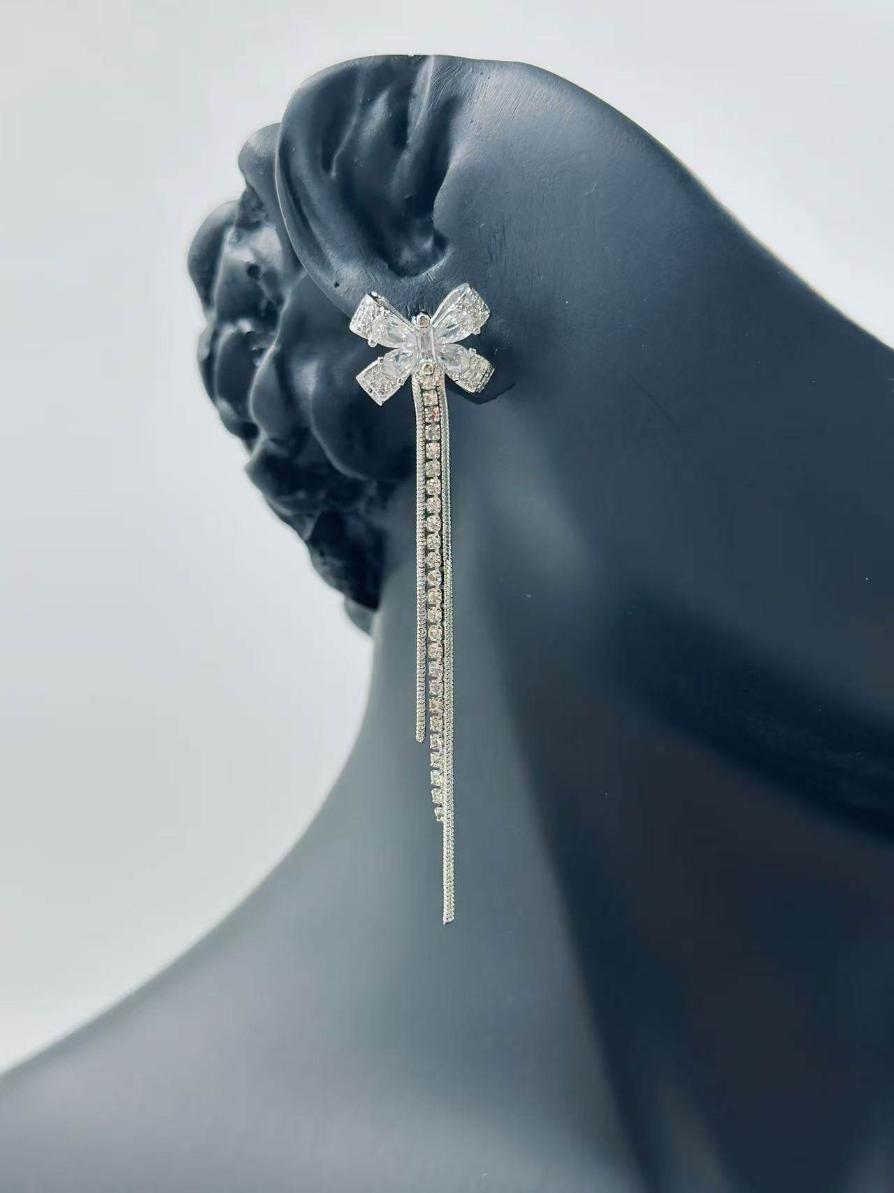 Elegant Bow Drop Earrings with Double Chain Tassels - MODA ACCESSORIES