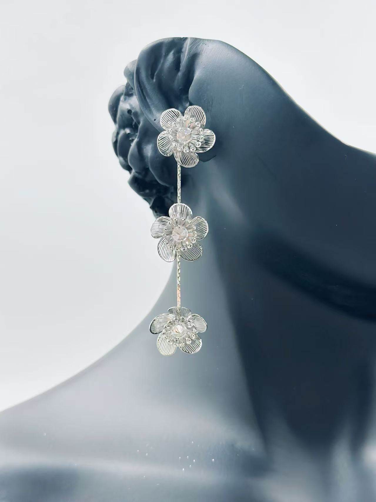 Triple Blossom Silver-Tone Drop Earrings - MODA ACCESSORIES