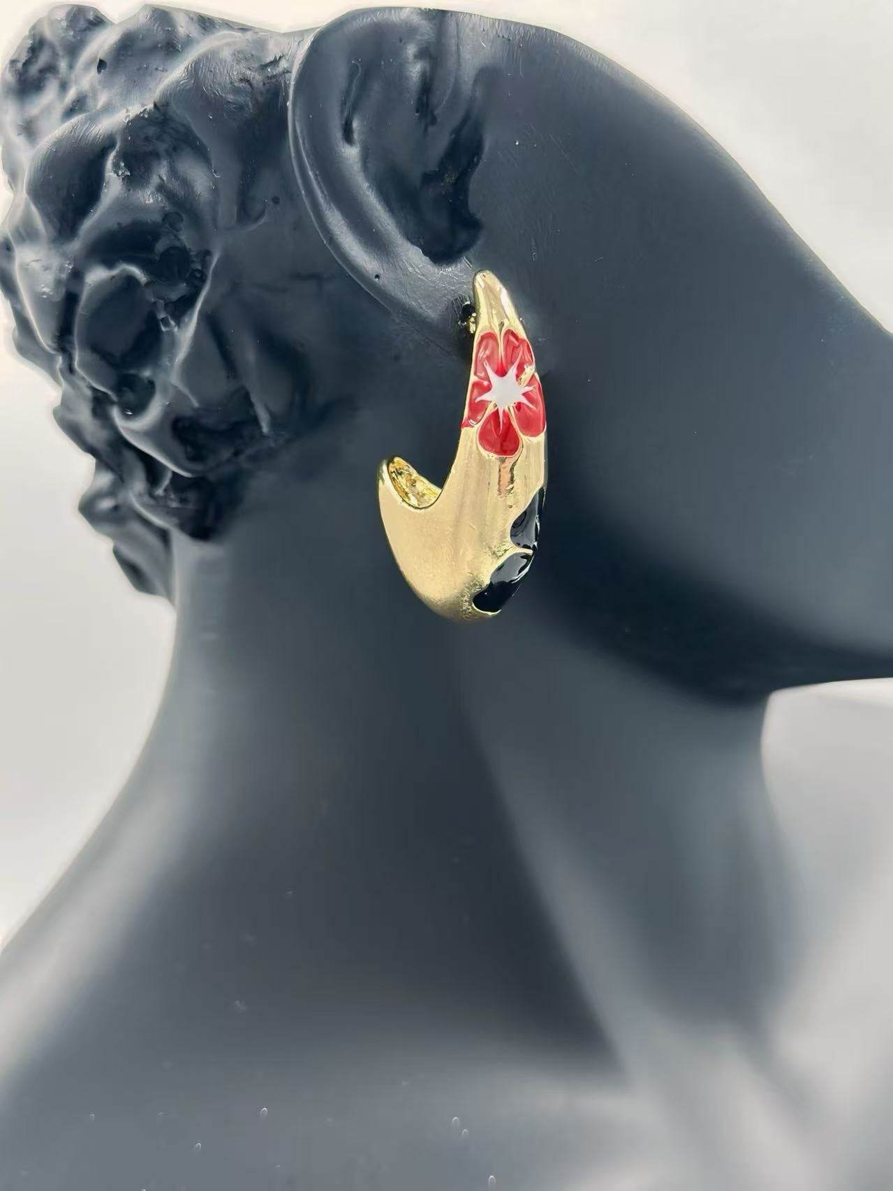 Gold-Tone Curved Floral Enamel Earrings – Multicolor Variants - MODA ACCESSORIES