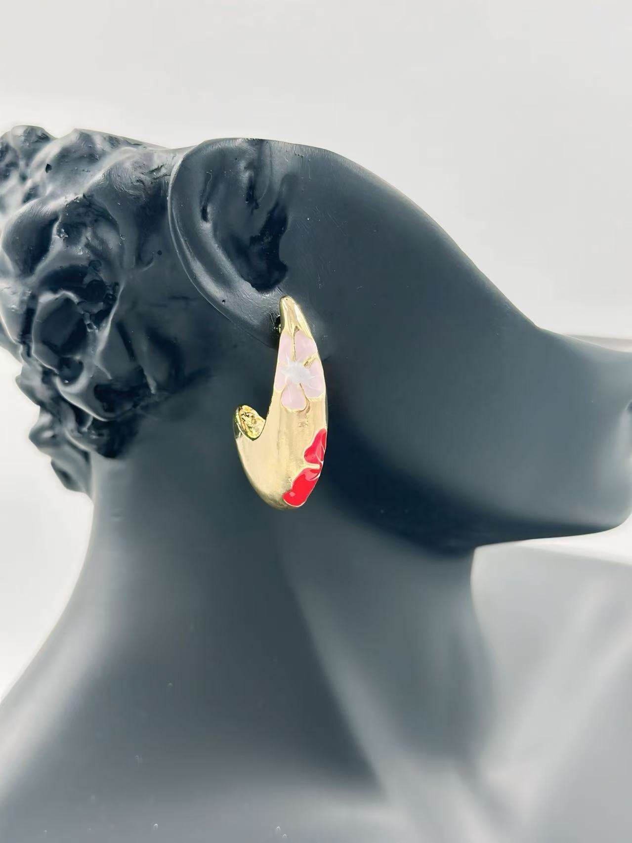 Gold-Tone Curved Floral Enamel Earrings – Multicolor Variants - MODA ACCESSORIES