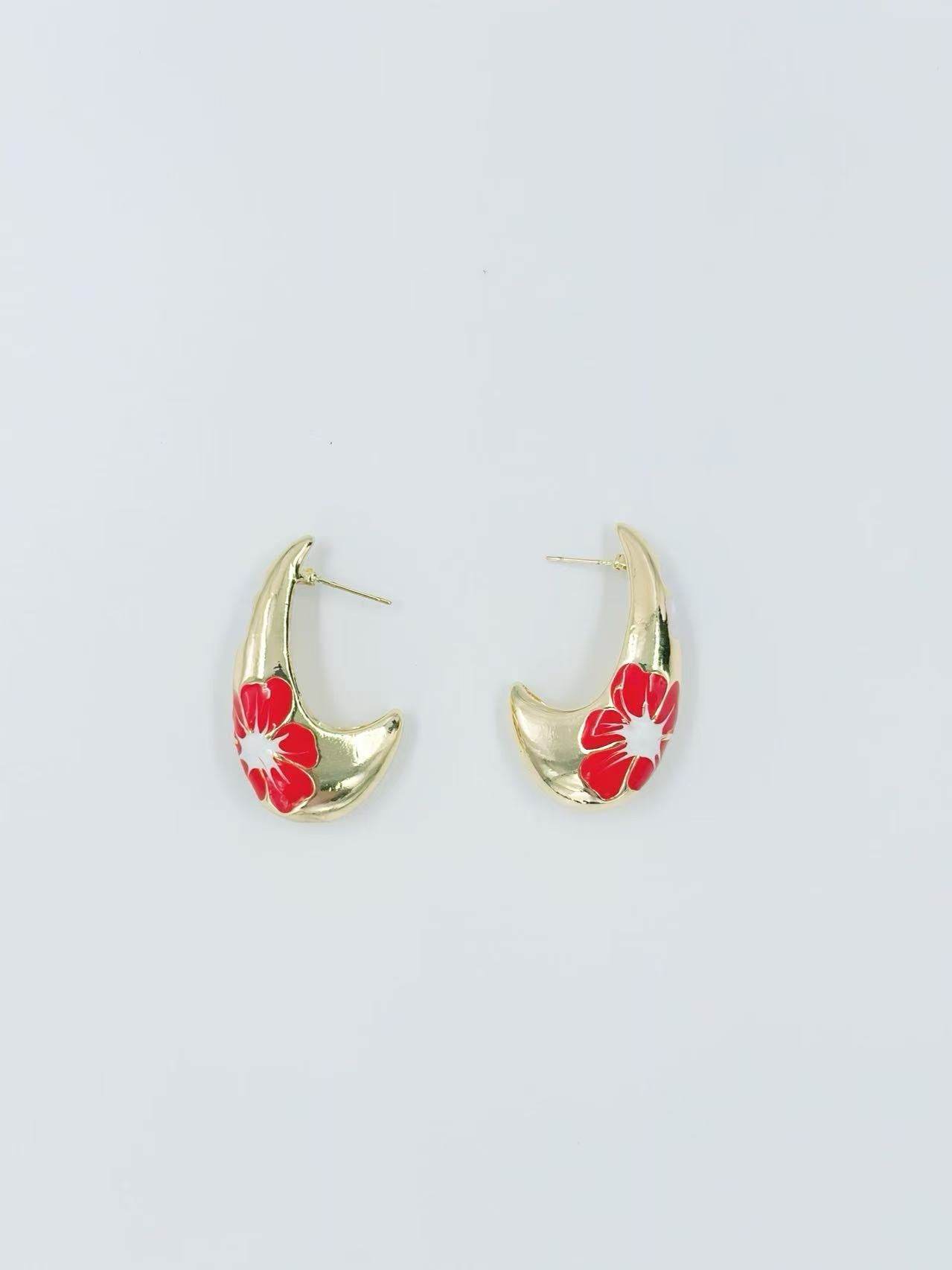 Gold-Tone Curved Floral Enamel Earrings – Multicolor Variants - MODA ACCESSORIES