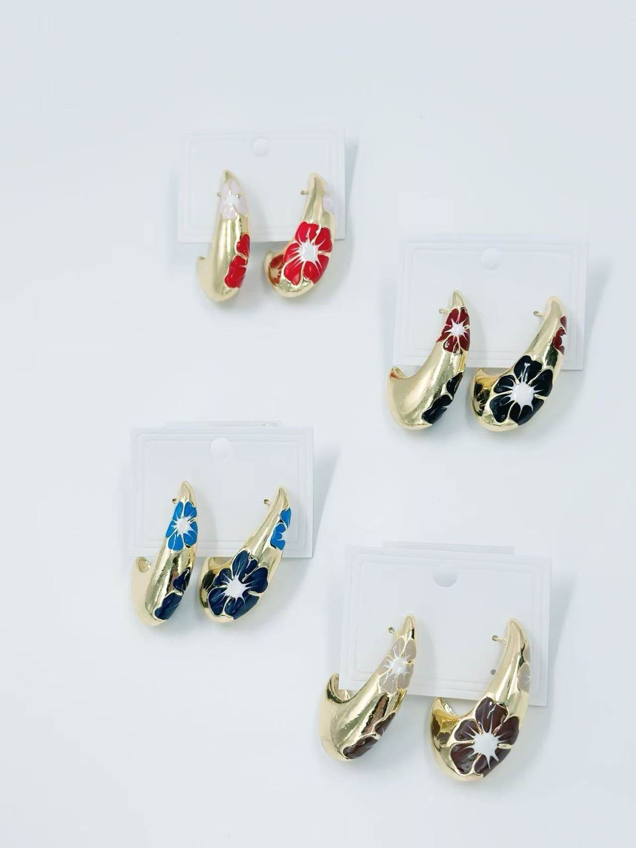 Gold-Tone Curved Floral Enamel Earrings – Multicolor Variants - MODA ACCESSORIES