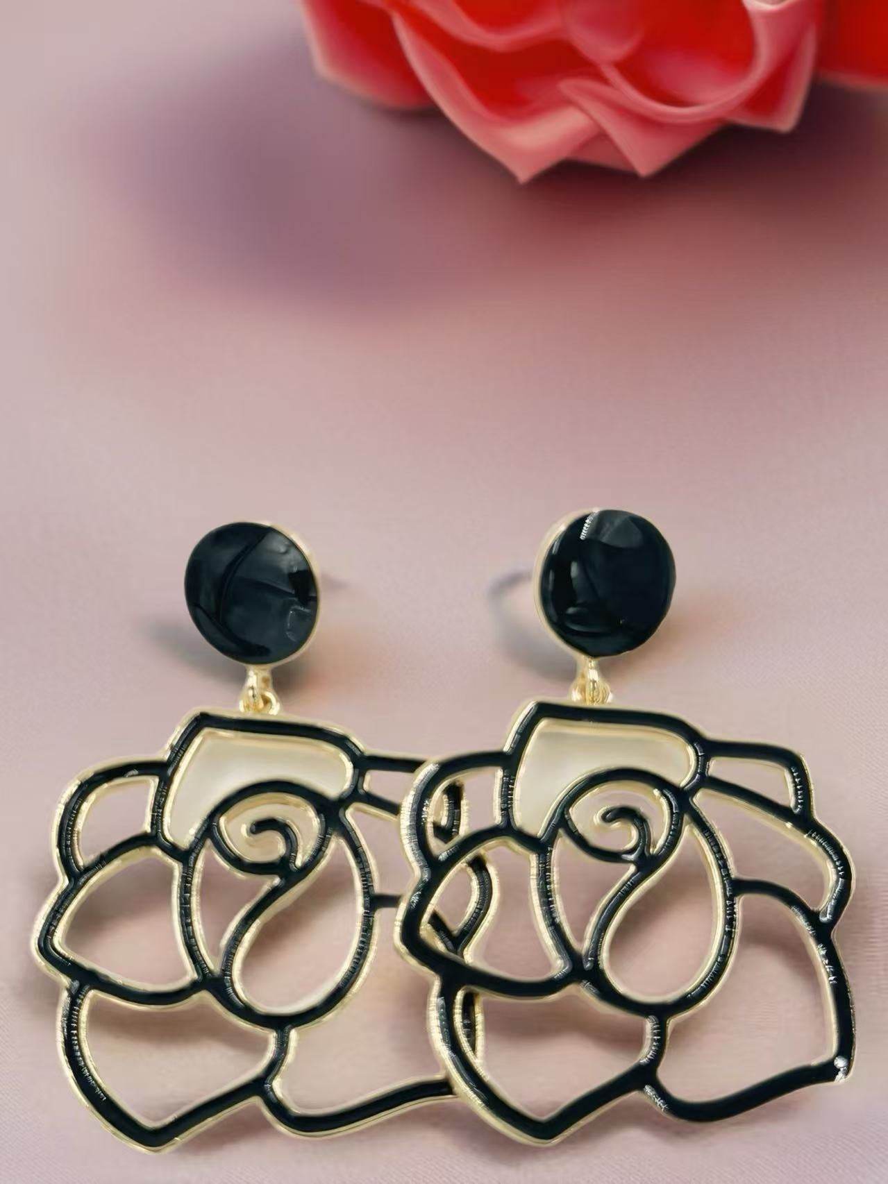 Enamel Rose Outline Drop Earrings – Romantic Statement Collection - MODA ACCESSORIES