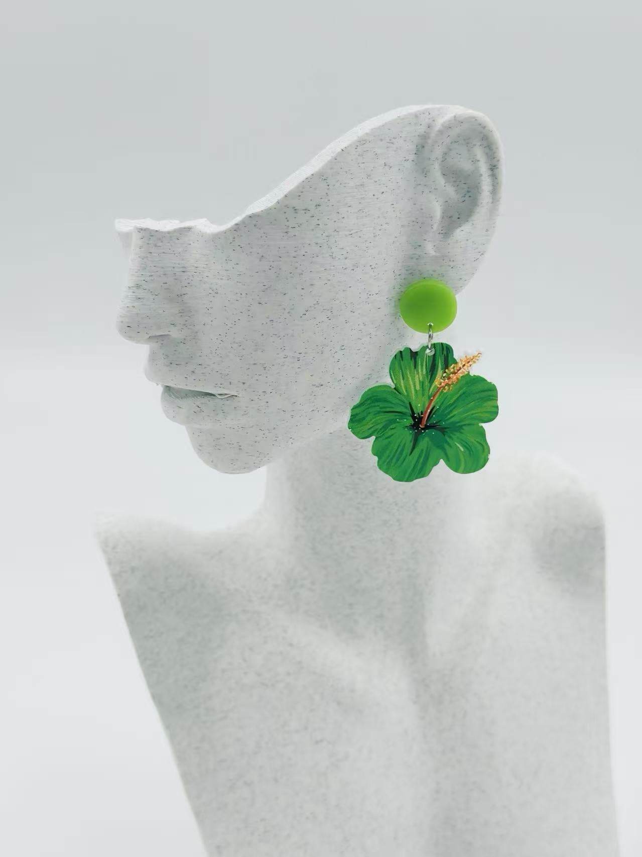 Tropical Green Hibiscus Flower Earrings - MODA ACCESSORIES