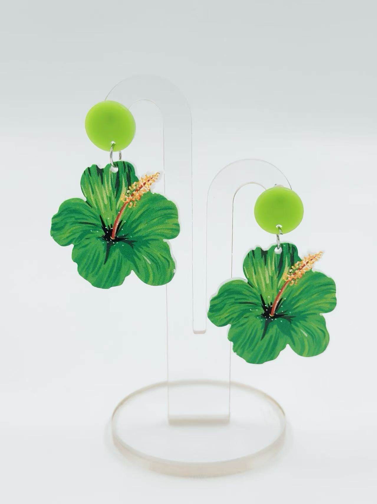 Tropical Green Hibiscus Flower Earrings - MODA ACCESSORIES