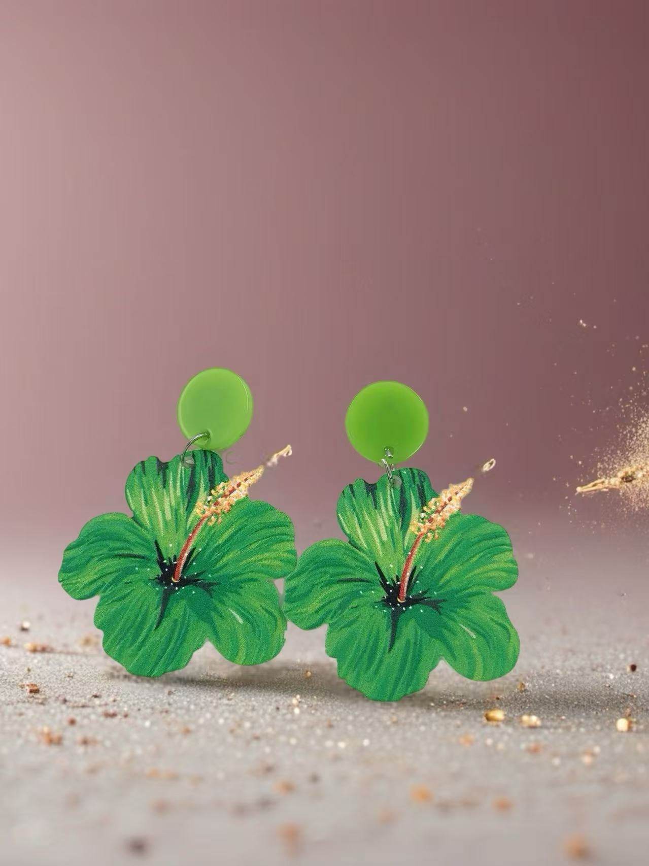 Tropical Green Hibiscus Flower Earrings - MODA ACCESSORIES