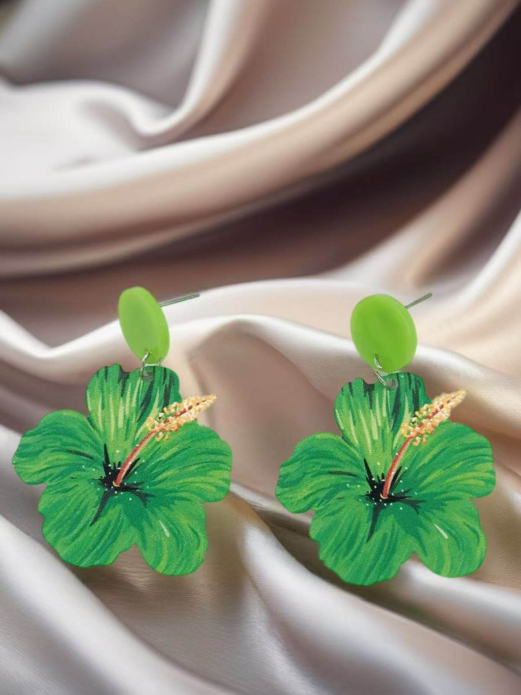 Tropical Green Hibiscus Flower Earrings - MODA ACCESSORIES