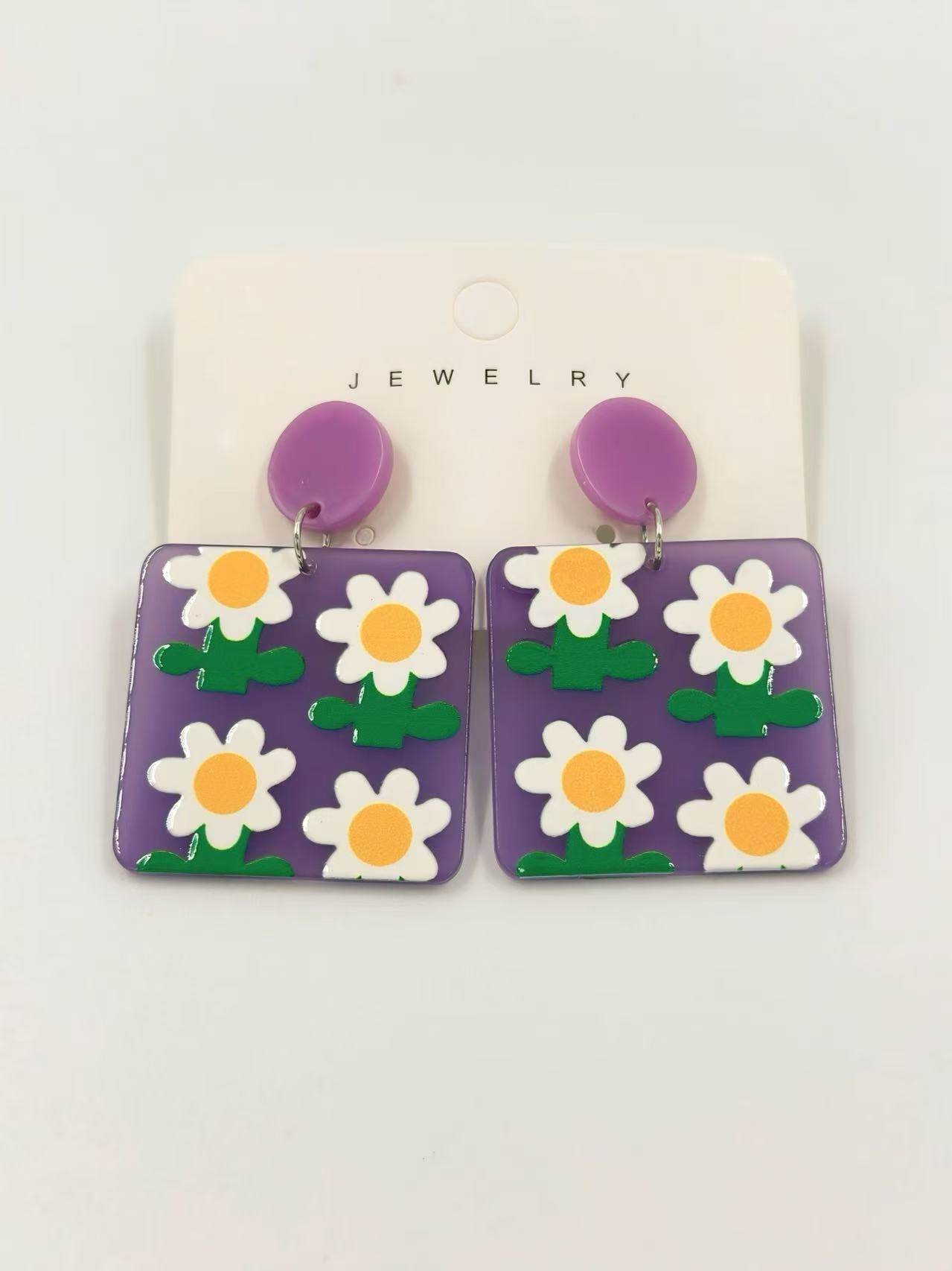 Playful Daisies on Purple Earrings - MODA ACCESSORIES