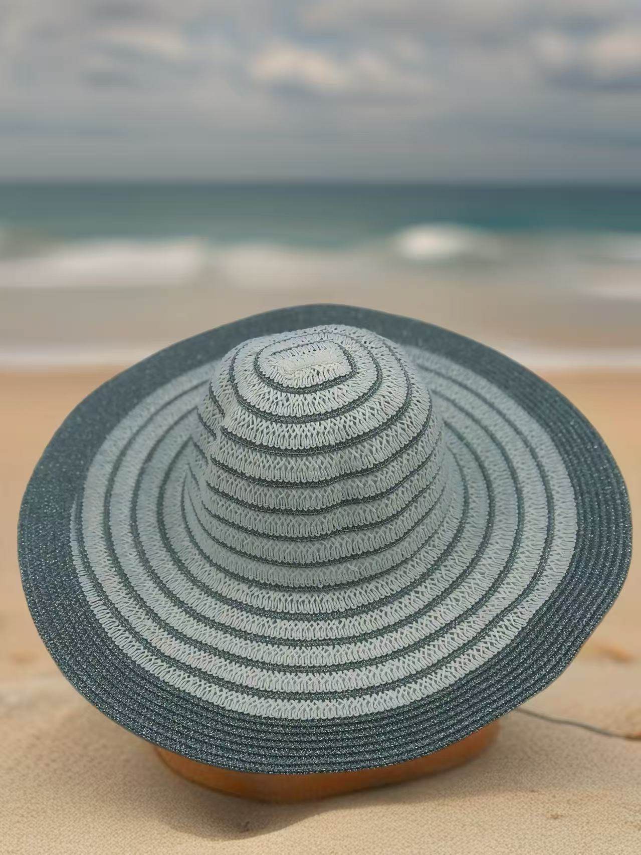 Striped Wide-Brim Woven Sun Hat - MODA ACCESSORIES