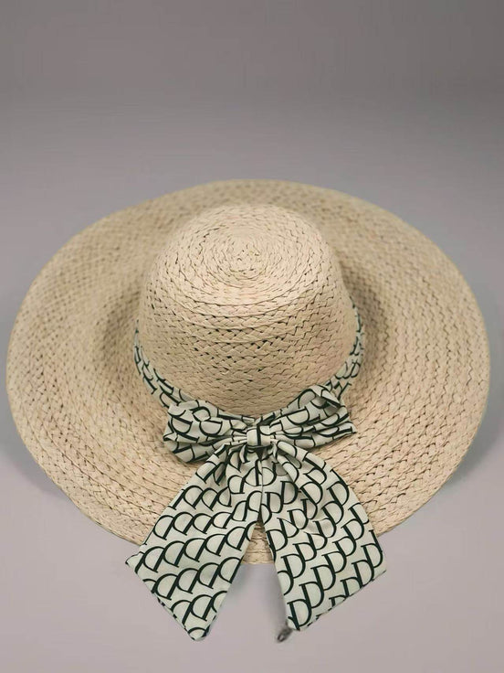 Beige Woven Straw Hat with Patterned Bow - MODA ACCESSORIES