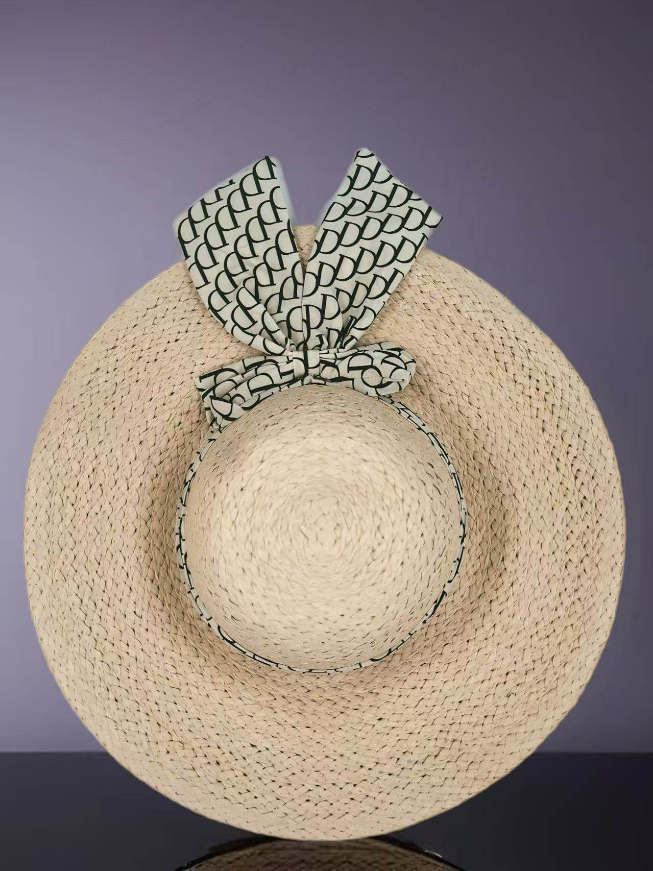 Beige Woven Straw Hat with Patterned Bow - MODA ACCESSORIES
