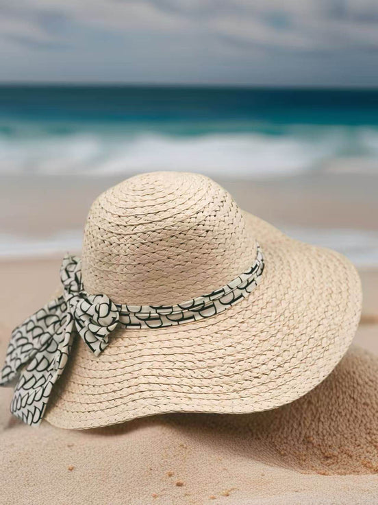 Beige Woven Straw Hat with Patterned Bow - MODA ACCESSORIES