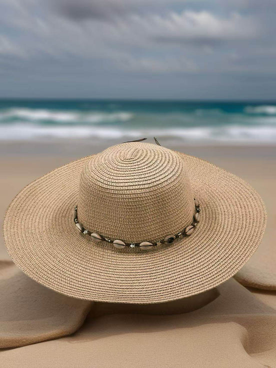 Beige Wide-Brim Sun Hat with Seashell Accent - MODA ACCESSORIES