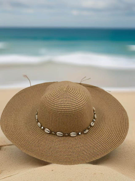 Beige Wide-Brim Sun Hat with Seashell Accent - MODA ACCESSORIES
