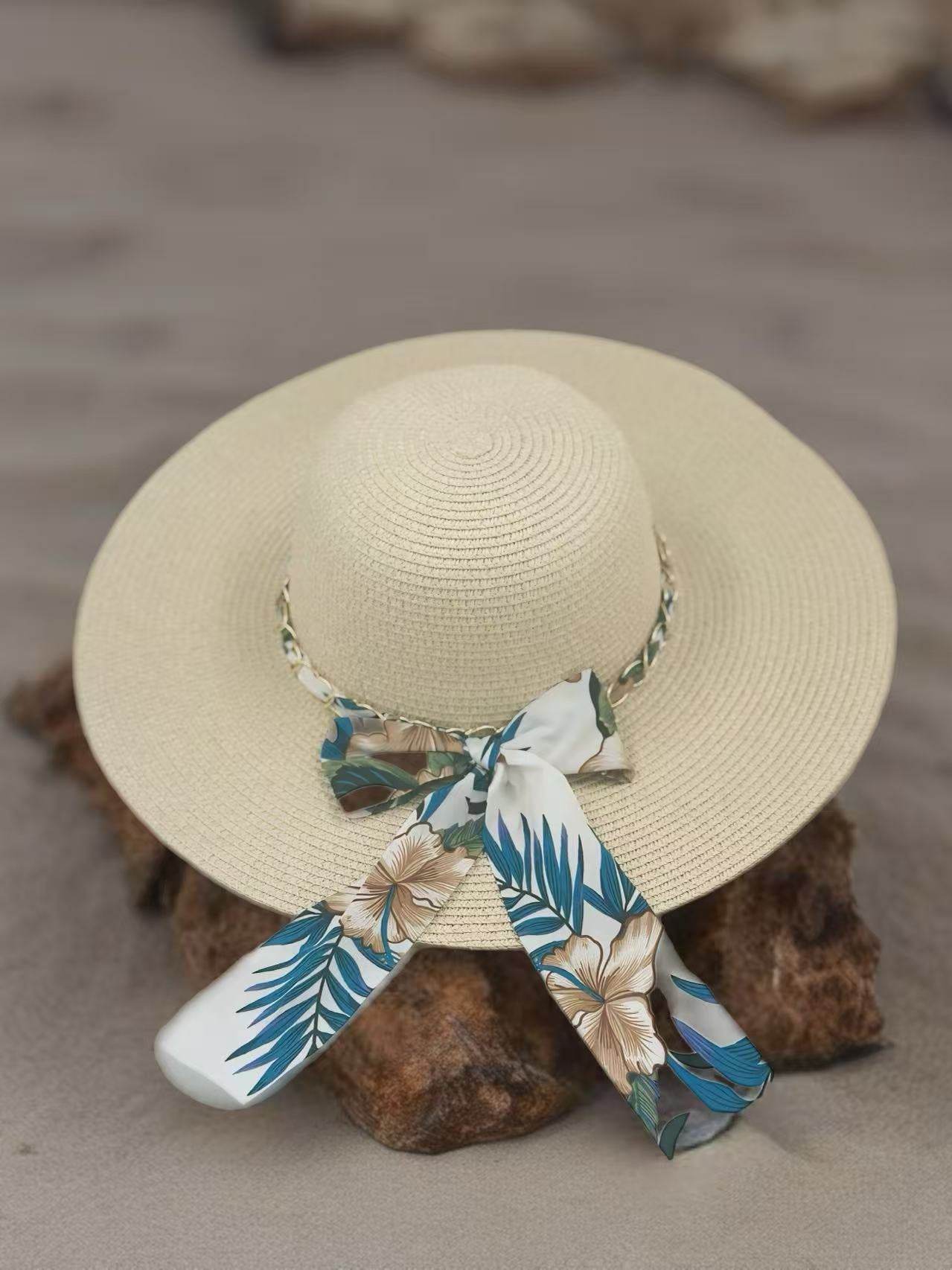Beige Sun Hat with Tropical Floral Ribbon - MODA ACCESSORIES