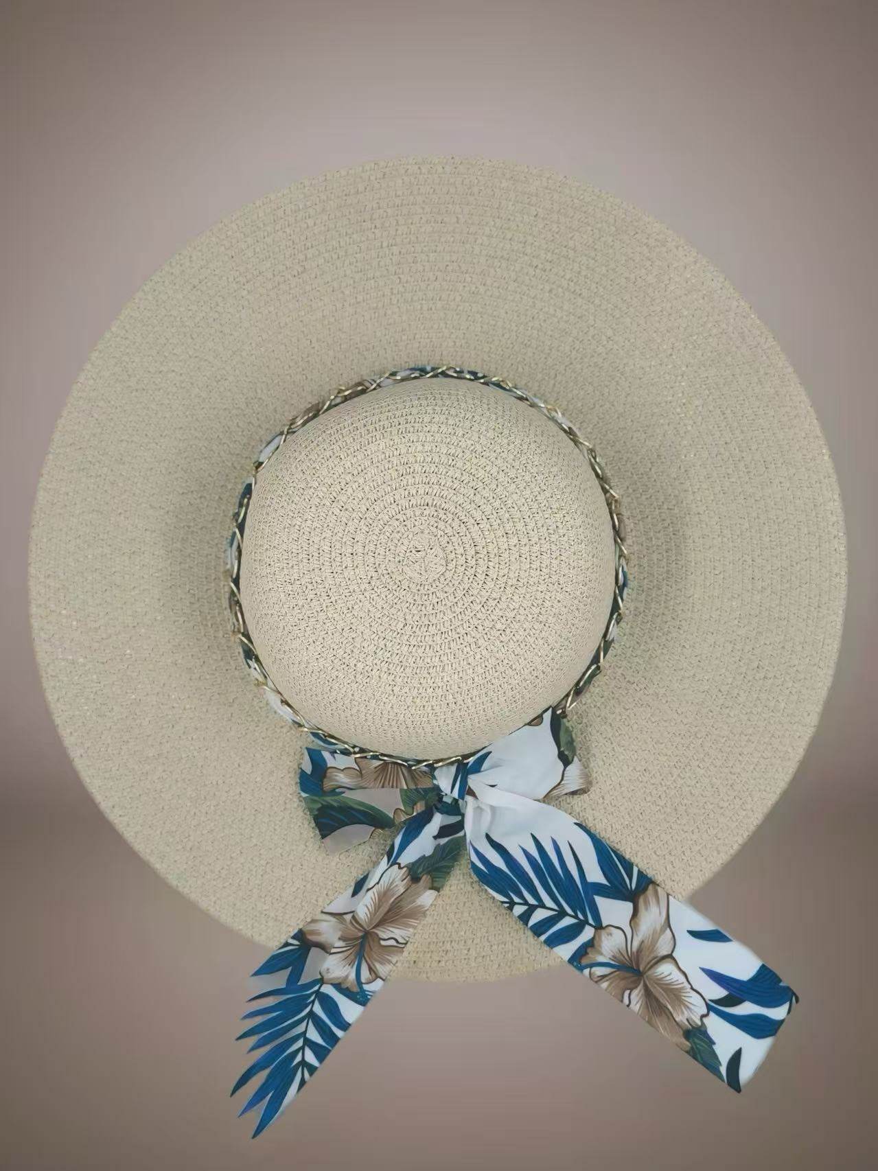 Beige Sun Hat with Tropical Floral Ribbon - MODA ACCESSORIES