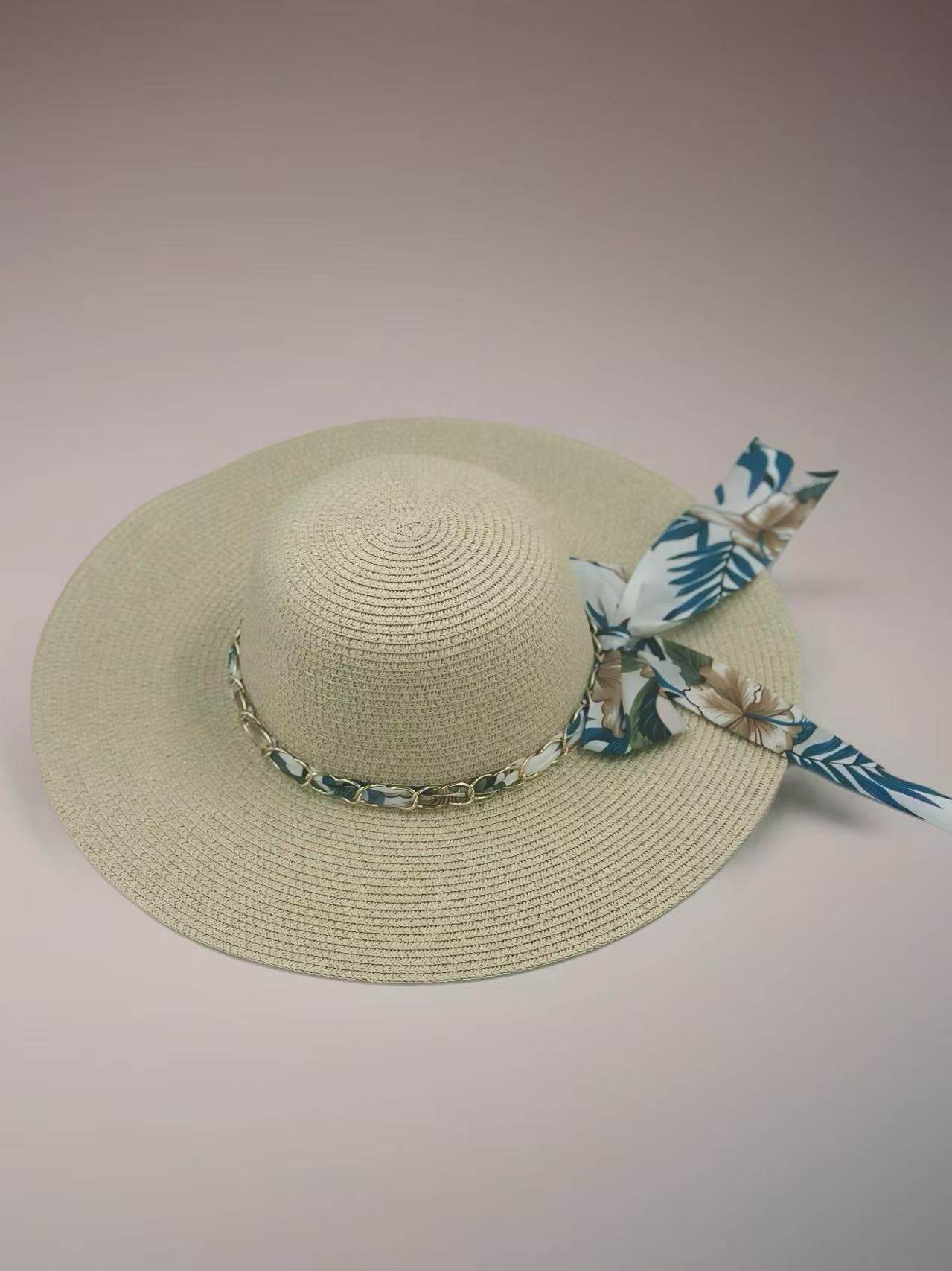 Beige Sun Hat with Tropical Floral Ribbon - MODA ACCESSORIES