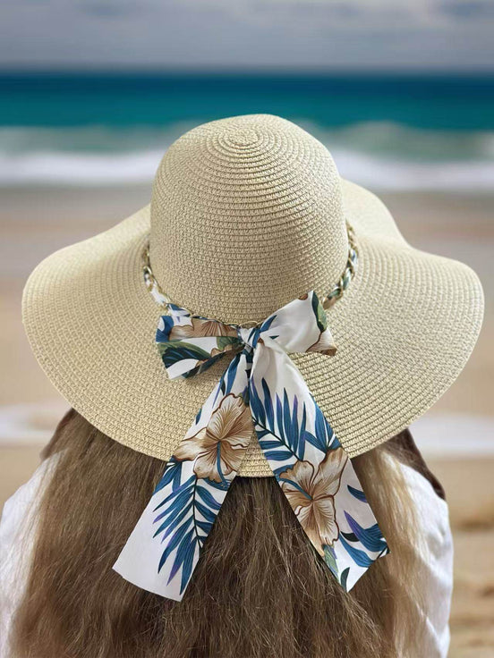 Beige Sun Hat with Tropical Floral Ribbon - MODA ACCESSORIES