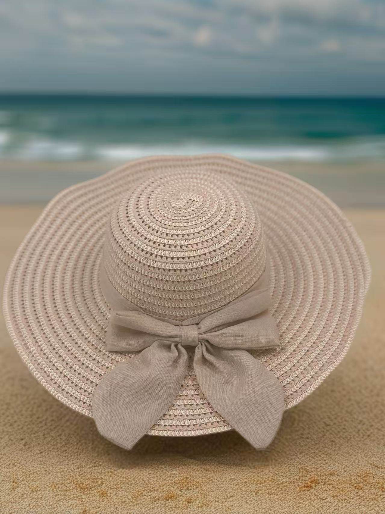 Blush Pink Woven Sun Hat with Fabric Bow - MODA ACCESSORIES
