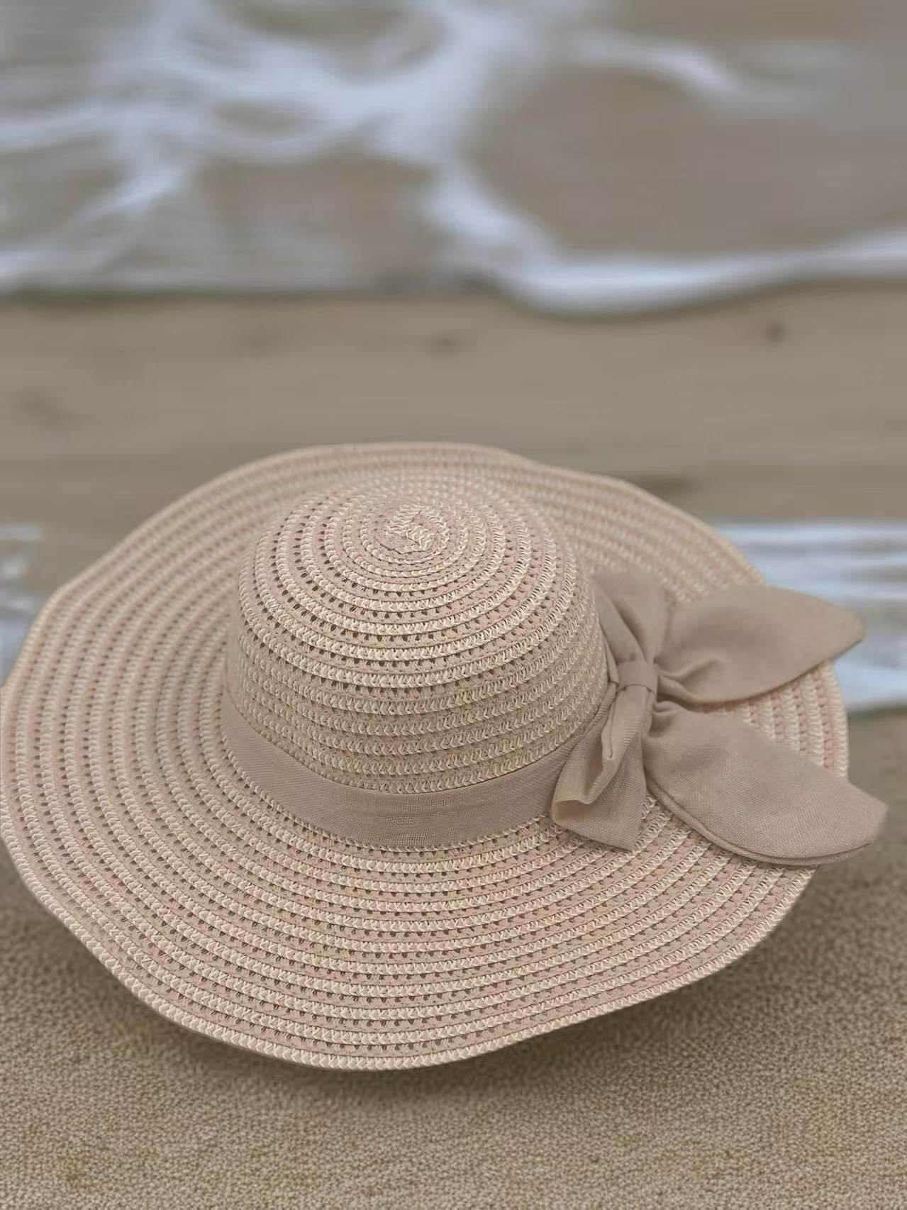 Blush Pink Woven Sun Hat with Fabric Bow - MODA ACCESSORIES