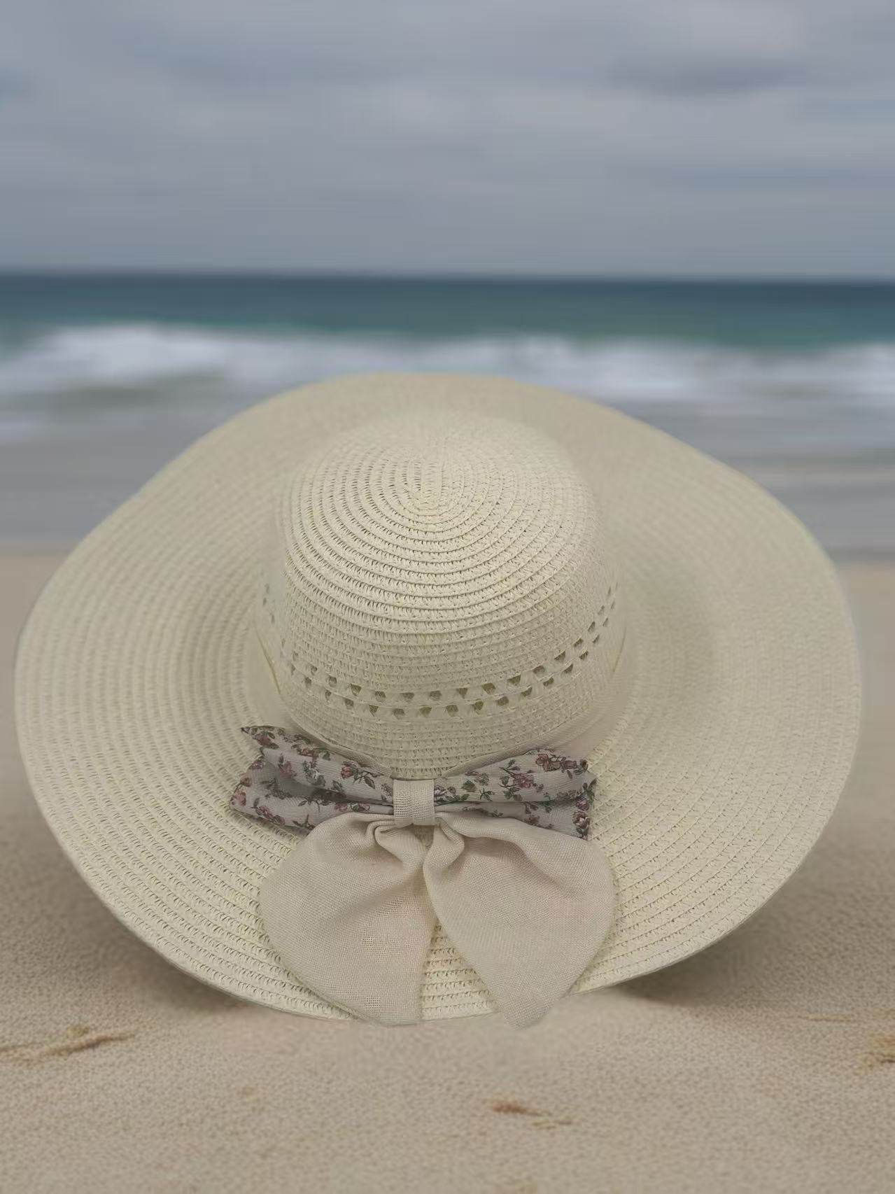 Floral Bow Sun Hat with Cut-Out Crown Detail - MODA ACCESSORIES