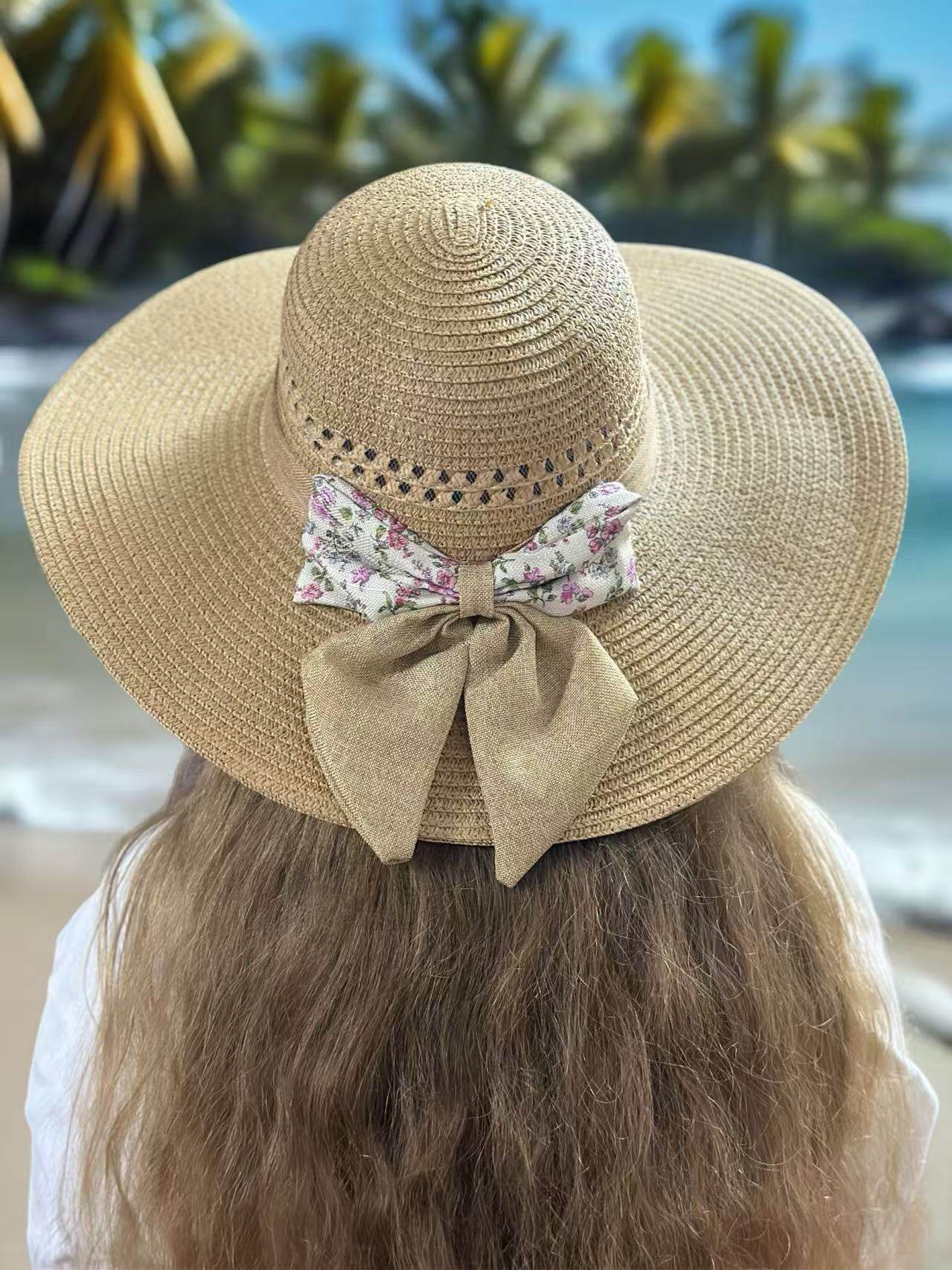 Floral Bow Sun Hat with Cut-Out Crown Detail - MODA ACCESSORIES