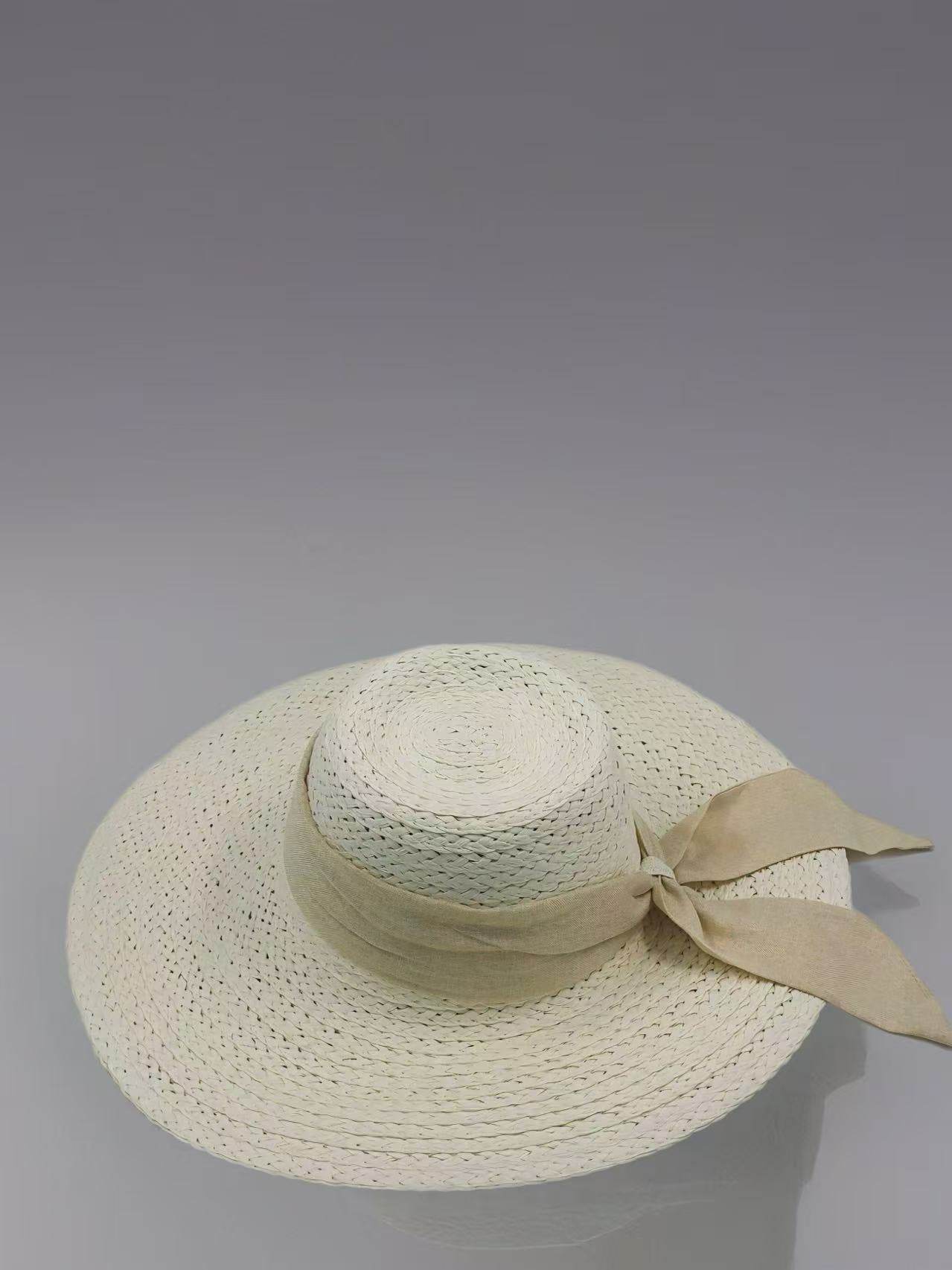 Classic Ivory Straw Hat with Beige Fabric Bow - MODA ACCESSORIES