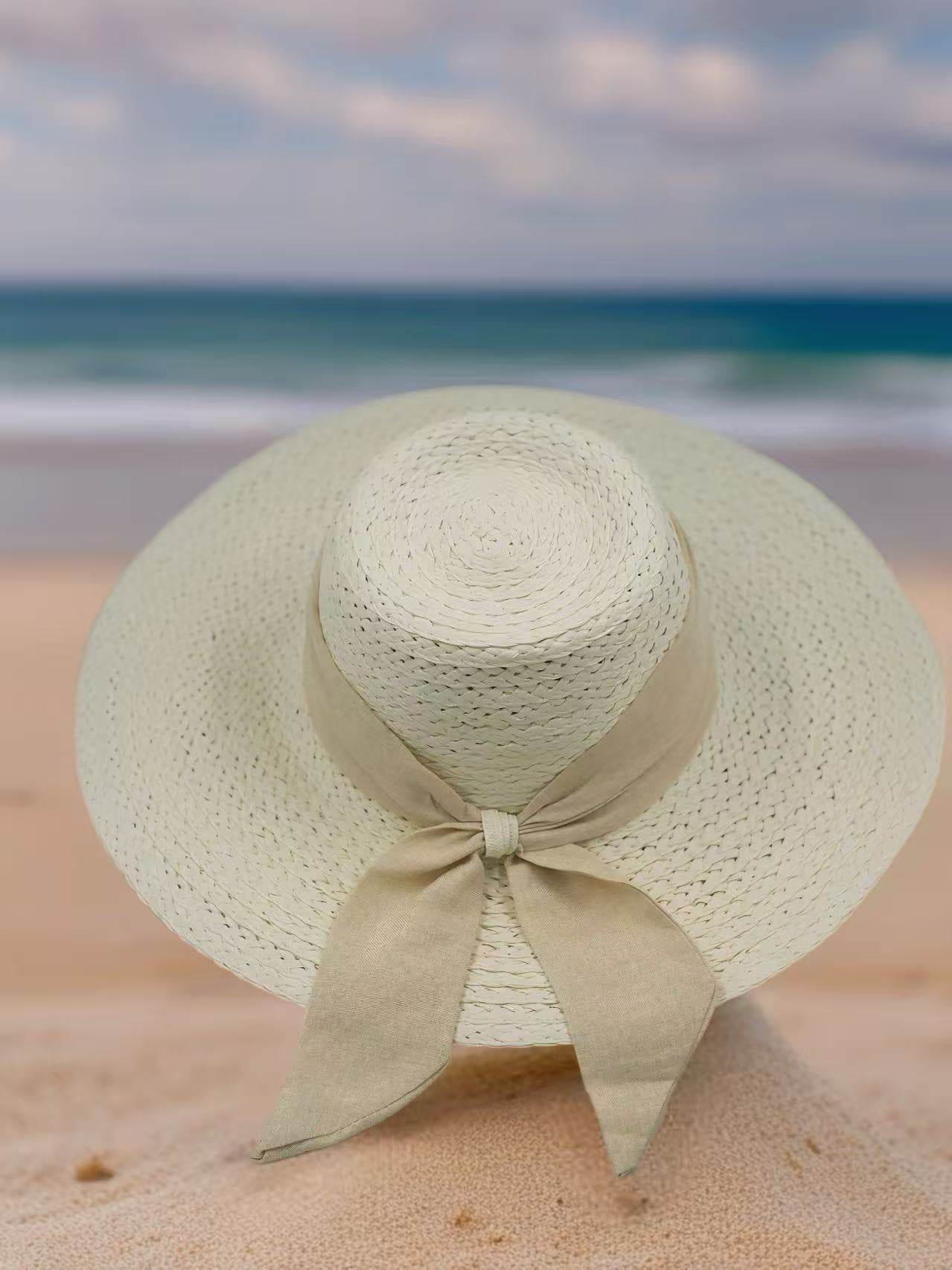 Classic Ivory Straw Hat with Beige Fabric Bow - MODA ACCESSORIES