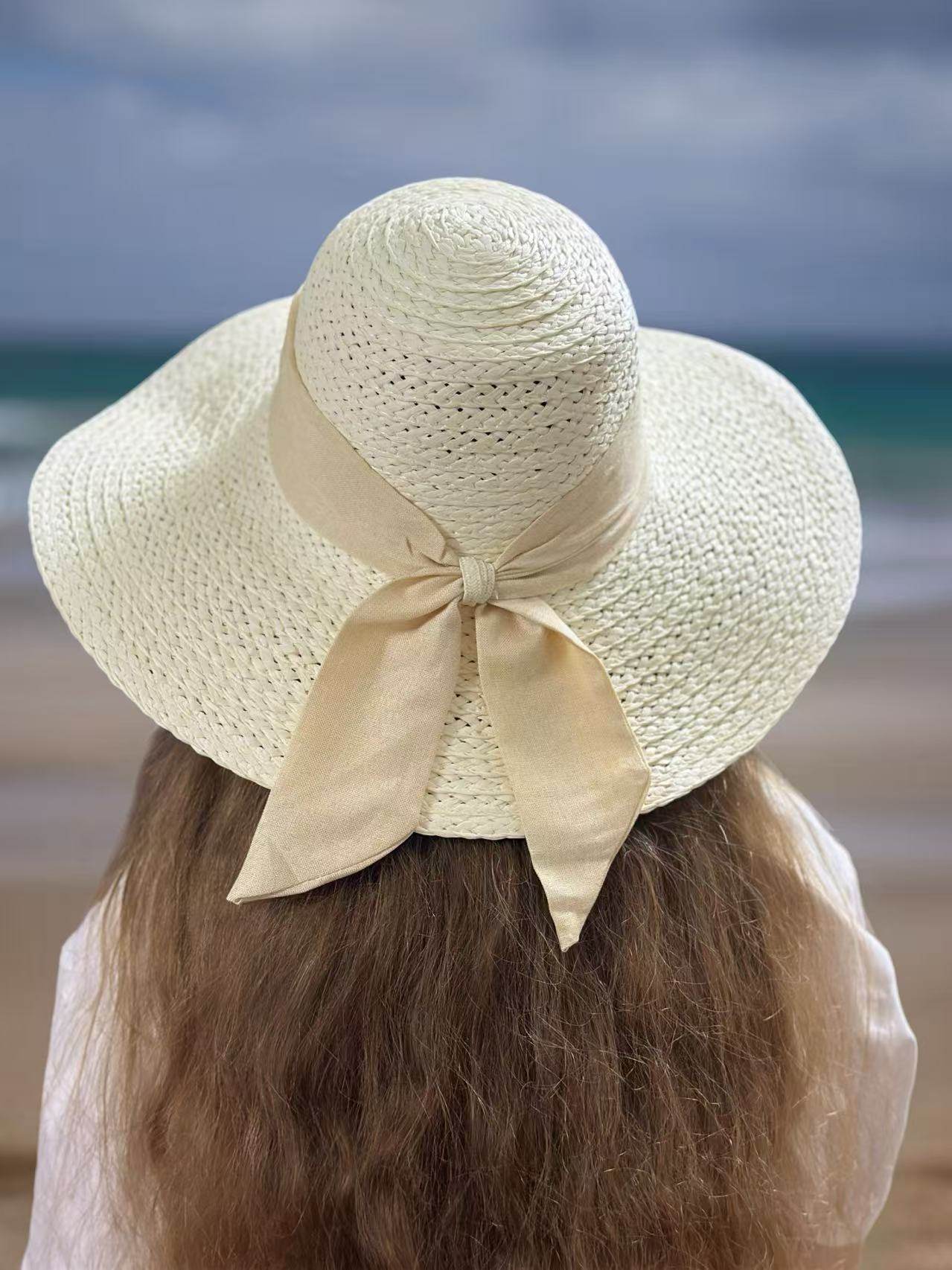 Classic Ivory Straw Hat with Beige Fabric Bow - MODA ACCESSORIES