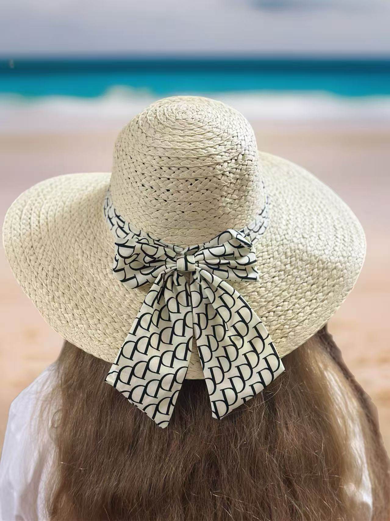 Beige Woven Straw Hat with Patterned Bow - MODA ACCESSORIES