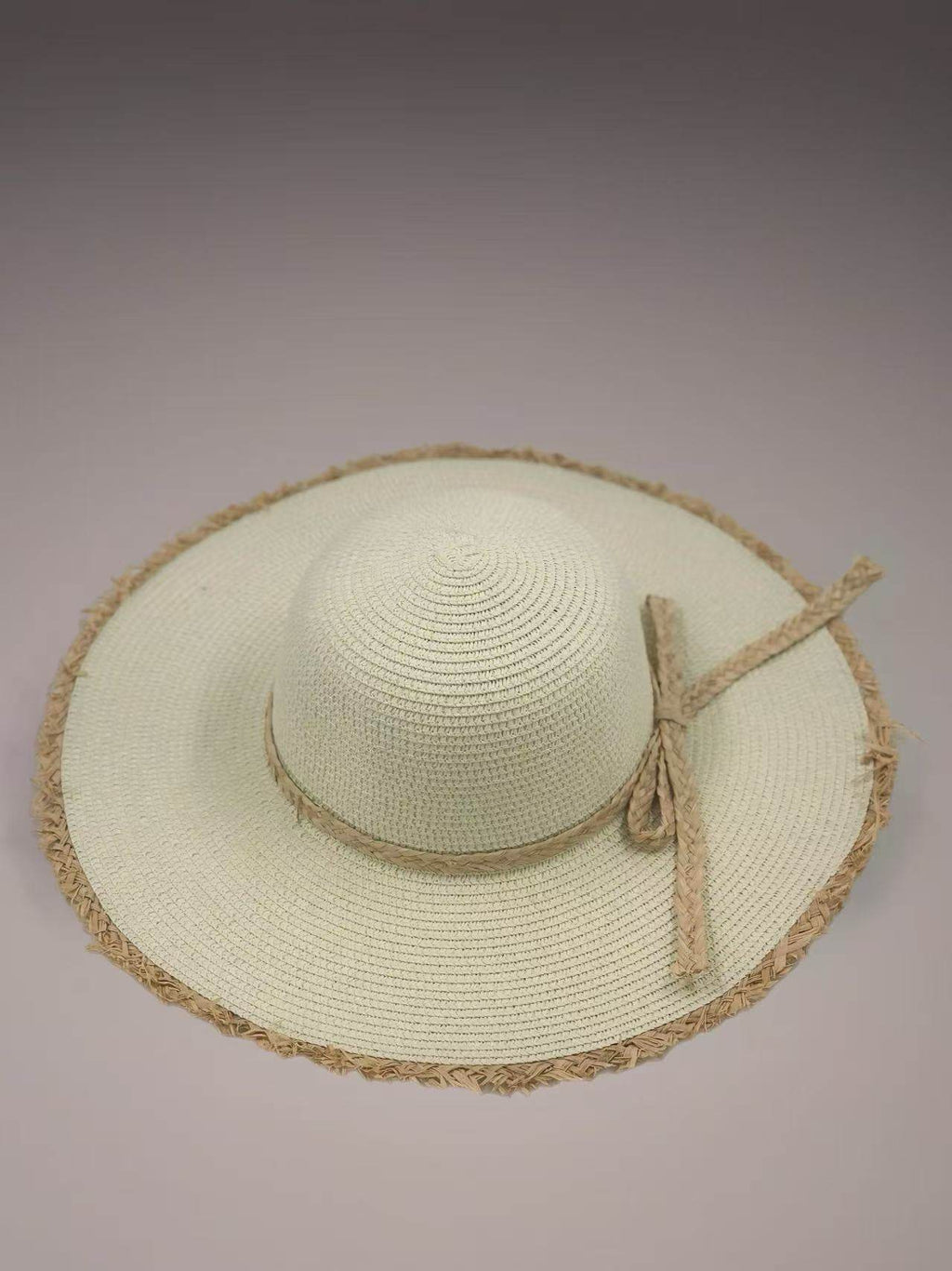 Ivory Wide-Brim Hat with Braided Straw Bow and Fringed Edge - MODA ACCESSORIES