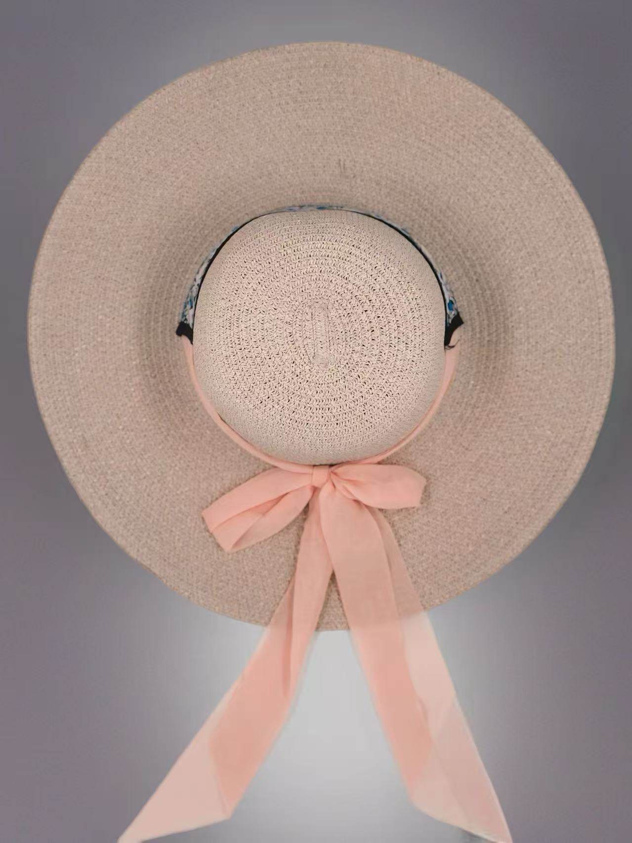 Boho-Chic Embroidered Sun Hat with Peach Chiffon Ribbon - MODA ACCESSORIES
